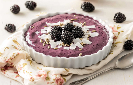 A photo of a blackberry smoothie bowl, with coconut shreds, sunflower seeds, and fresh blackberries on top. The smoothie is in the center of an empty white ceramic dish that sits atop a floral napkin placed over a light wooden table. In front of it lies one silver spoon with its handle resting on a soft cloth. This scene conveys a sense of freshness and vitality as well as healthiness, emphasizing natural ingredients and colors.