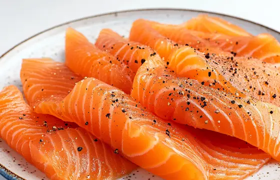 A photo of slices of smoked salmon on whole-wheat bread, with black pepper sprinkled over the top and down onto one slice. The plate is white and blue, with a plain background.
