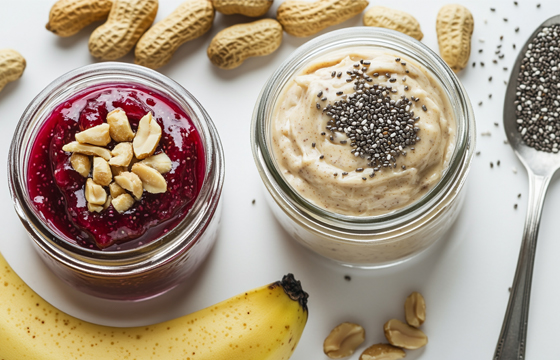 Two glass jars of peanut butter and jelly sit next to sour cream, banana, chia seeds, topped with crushed peanuts. On the right side is an empty spoon. The background color is white and gray. High-resolution photography, insanely detailed and intricate, with fine details, in the style of a stock photo.