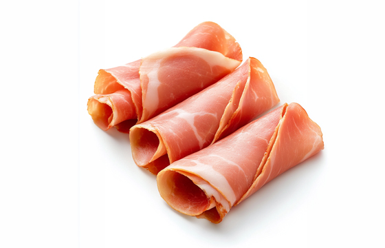 Three pieces of rolled-up ham, isolated on a white background, hyper-realistic photography.