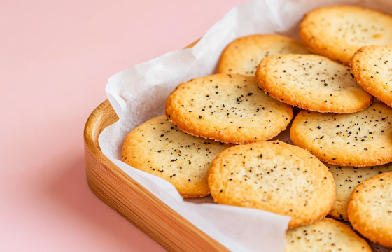 A close-up of round cookies with black pepper and olive oil, placed on white parchment paper against a pastel pink background. The soft lighting accentuates the golden-brown edges and subtle specks of dark green color from the herbs in each cookie. A small wooden tray adds to the rustic charm.