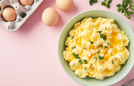 A bowl of fluffy, creamy eggs and cheese is placed on the right side against an isolated pastel pink background with empty egg cartons nearby. The top-down view captures the dish's soft texture and yellow color from the butter. A fork is visible, adding realism to the scene.