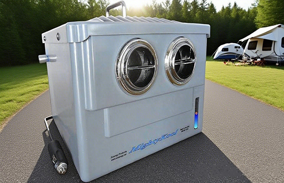Portable car air conditioner unit with vents and control panel, cooling a vehicle interior on a hot day