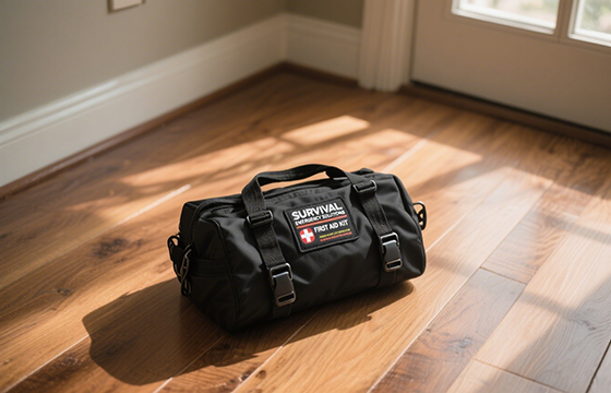 Black survival kit on wooden floor, ready for floods.