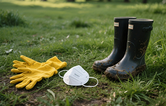 Rain boots, gloves, mask on grass, for post - flood protection.
