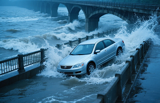 Car in floodwaters by a bridge, showing flood danger.