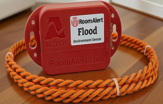 RoomAlert Flood sensor, a device with an orange rope to detect water leakage