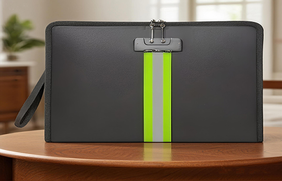 Black pouch with a neon green stripe and a lock, suitable for storing documents or tools.