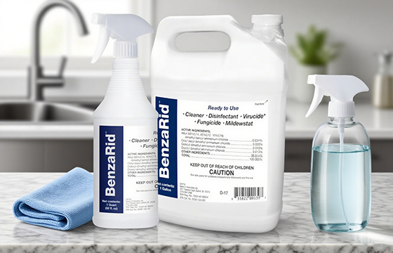cleaning products, including spray bottles and a large container, for disinfection and mold removal