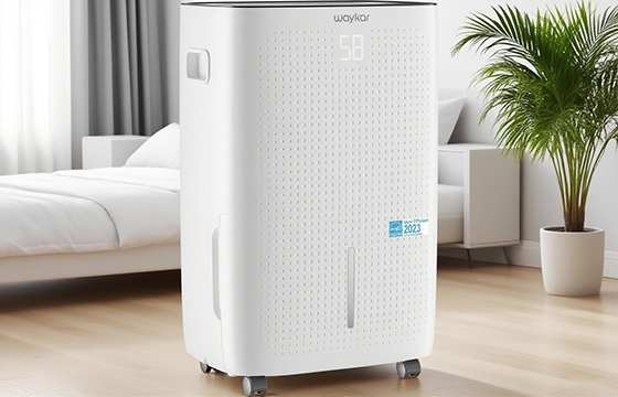 dehumidifier in a bedroom, white design, helps reduce moisture in the air
