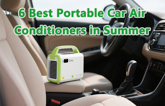 Compact portable car air conditioner placed on a front seat, ideal for summer in-vehicle cooling.
