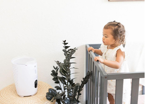 a baby is watching a humidifier