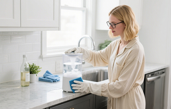 A woman in a light - colored pajama cleans a humidifier with a blue sponge in a bright kitchen, demonstrating a step of humidifier maintenance.