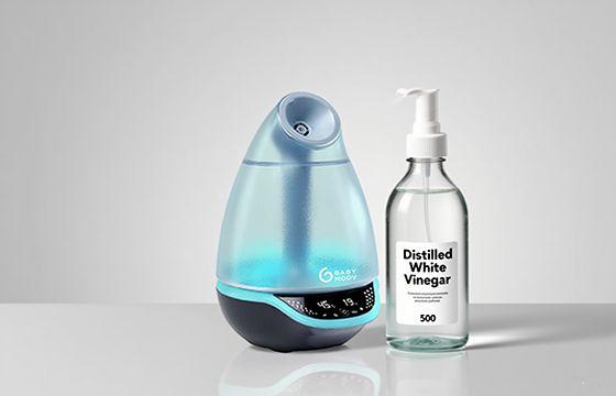 Display of a humidifier and a container of distilled white vinegar, commonly used together for cleaning the humidifier, set on a sleek, light - colored platform.