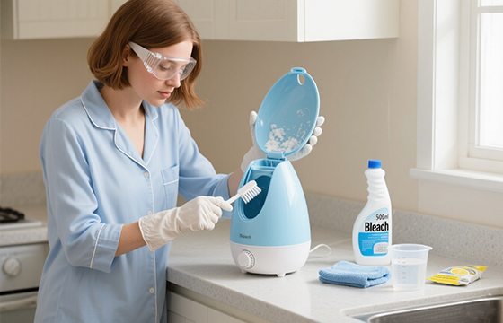 A woman cleans a light blue humidifier with a brush, using bleach as a cleaning agent, in a kitchen setting.