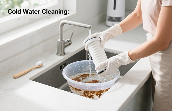 cold water cleaning a filter