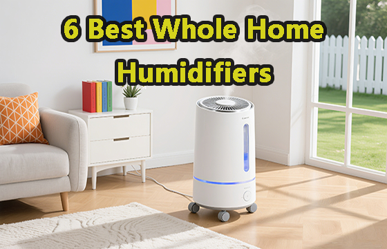 A white whole - home humidifier with blue accents, placed on a rug in a living room setting, with the text “6 Best Whole Home Humidifiers” above it.