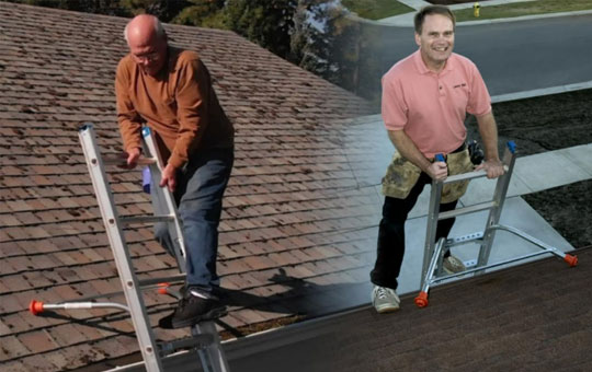 some one climbs ladder on the roof