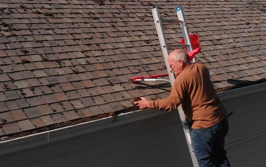 a person cleaning leaves from gutters on a ladder